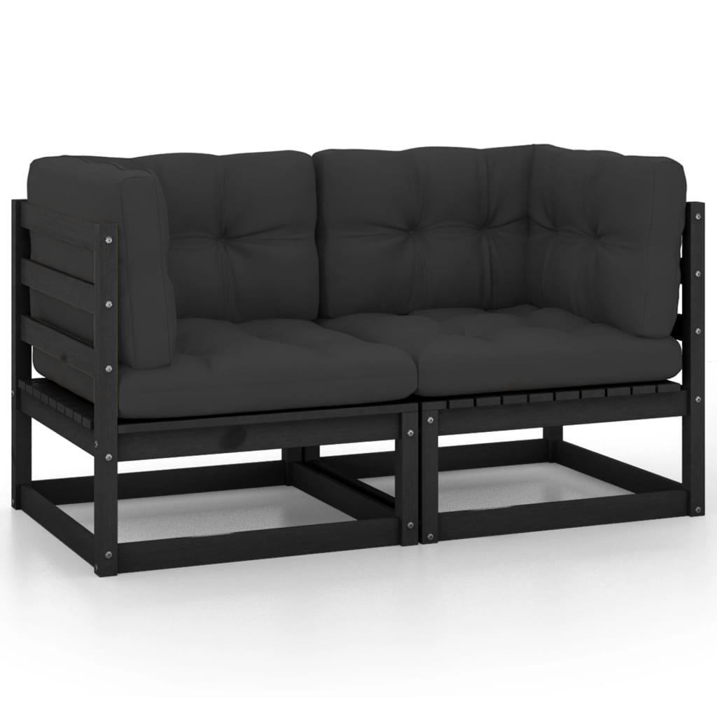 NNEVL Garden 2-Seater Sofa with Cushions Black Solid Pinewood