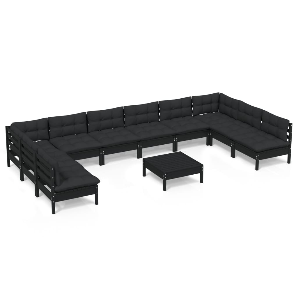 NNEVL 11 Piece Garden Lounge Set with Cushions Black Solid Pinewood