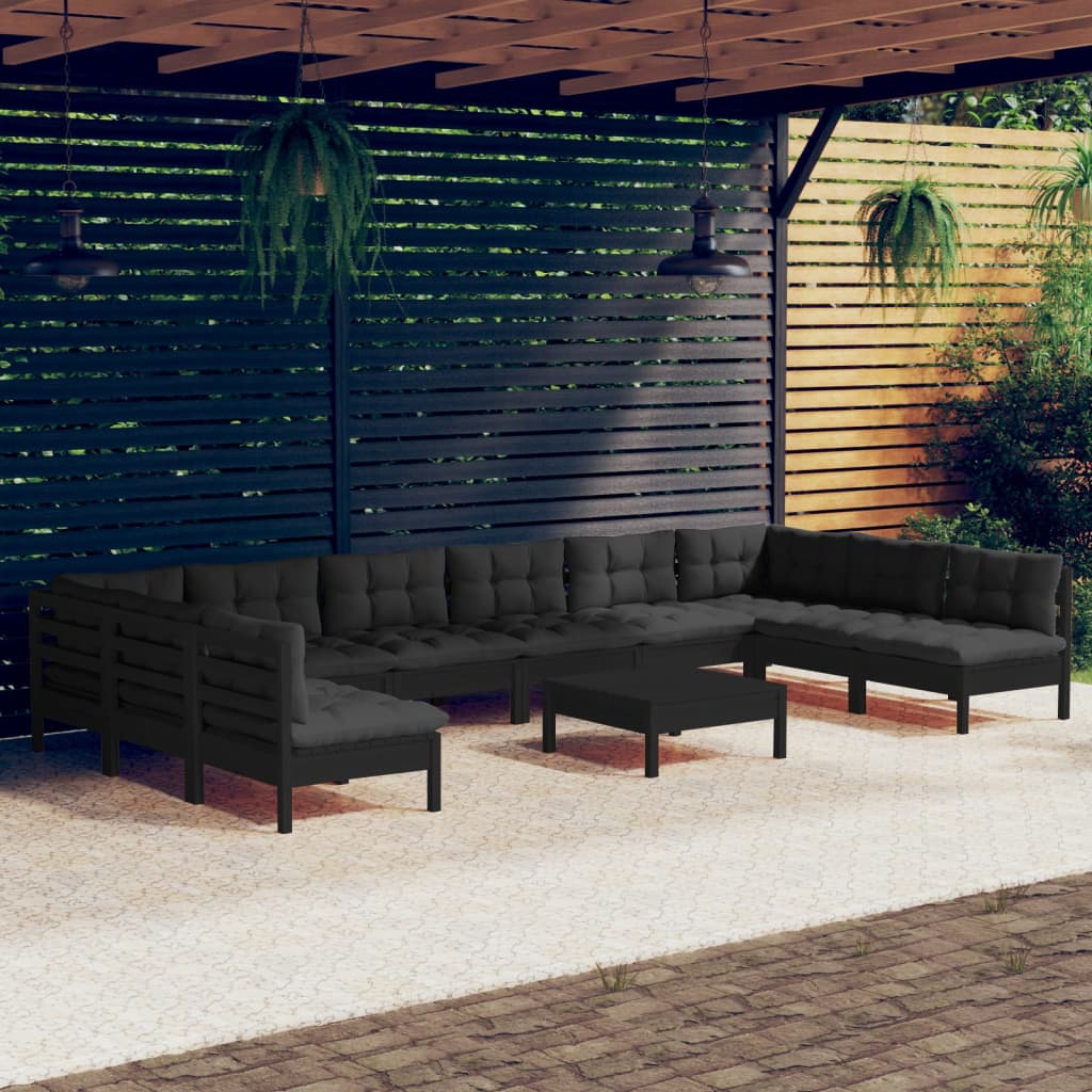 NNEVL 11 Piece Garden Lounge Set with Cushions Black Solid Pinewood